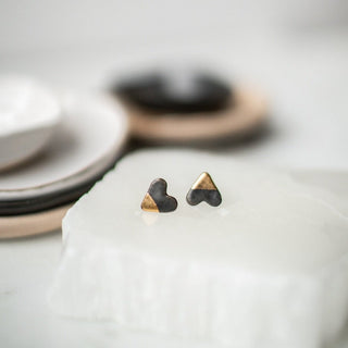 Gold Dipped Heart Studs - Matte Black